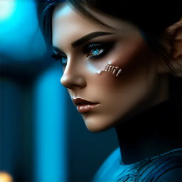 Ultra-photorealistic fantasy portrait, masterpiece, cinematic realism, 8K HDR, medium-format photography, physically based rendering, ultra-detailed skin with realistic pores, dramatic lighting, volumetric atmosphere, shallow depth of field.  Deity is Nephy, beautiful, tall 25 year old Egyptian-Turkish mixed enchantress, she has dark hazel eyes with amber highlights, with an inquisitive gaze. She has tanned almond radiant skin. She has shimmering dark blue eyeshadow and a smokey grey eyeliner. She has very long, glossy, thick, layered straight midnight black hair. She wears a black lace & satin and chiffon silk with a shimmering cobalt iridescence halter top with teardrop cutouts & microshorts. She wears ornate pale gold & dark blue sapphire cabochon jewelry; necklace with dark teal cabochon pendant, bracelets, earrings, anklets & rings. Black lace garter belt attached to thigh high sheer dark slate with a shimmering blue sparkling iridescence & pale gold lace upper border with pale gold filigree & dark sapphire cabochons.  Close-up centred portrait of a female deity laying slightly reclined on her side propped up on her elbows looking at the viewer on a large opulent ornate obsidian & gold open sarcophagus with ornately decorated silk sheets & puffy quilt in a dark chamber with sandstone rendered walls & polished white marble floors in a dimly candle lit Egyptian temple. the sheets are ivory with white floral embroidery, the thick quilt is a rich cream color with fine gold swirling filigree, numerous large white silk ribbons with ivory satin laurel leaf embroidery draped randomly on the sarcophagus. the scene though quite dark is illuminated by warm diffused amber candle light.
