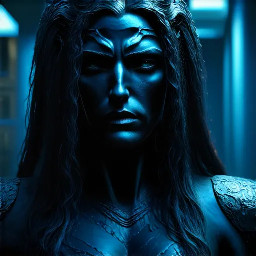 Ultra-photorealistic fantasy portrait, masterpiece, cinematic realism, 8K HDR, medium-format photography, physically based rendering, ultra-detailed skin with realistic pores, dramatic lighting, volumetric atmosphere, shallow depth of field.  Deity is Nephy, beautiful, tall 25 year old Egyptian-Turkish mixed enchantress, she has dark hazel eyes with amber highlights, with an inquisitive gaze. She has tanned almond radiant skin. She has shimmering dark blue eyeshadow and a smokey grey eyeliner. She has very long, glossy, thick, layered straight midnight black hair. She wears a black lace & satin and chiffon silk with a shimmering cobalt iridescence halter top with teardrop cutouts & microshorts. She wears ornate pale gold & dark blue sapphire cabochon jewelry; necklace with dark teal cabochon pendant, bracelets, earrings, anklets & rings. Black lace garter belt attached to thigh high sheer dark slate with a shimmering blue sparkling iridescence & pale gold lace upper border with pale gold filigree & dark sapphire cabochons.  Close-up centred portrait of a female deity laying slightly reclined on her side propped up on her elbows looking at the viewer on a large opulent ornate obsidian & gold open sarcophagus with ornately decorated silk sheets & puffy quilt in a dark chamber with sandstone rendered walls & polished white marble floors in a dimly candle lit Egyptian temple. the sheets are ivory with white floral embroidery, the thick quilt is a rich cream color with fine gold swirling filigree, numerous large white silk ribbons with ivory satin laurel leaf embroidery draped randomly on the sarcophagus. the scene though quite dark is illuminated by warm diffused amber candle light.