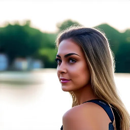 Uma jovem mulher atraente, por volta de 20-25 anos, com corpo esguio e curvas naturais, pele bronzeada e brilhante pela luz do sol. Ela está de pé na praia, com o mar ao fundo, sob um céu azul claro com nuvens suaves. Pose sensual e elegante: braços levantados acima da cabeça, mãos segurando e puxando seus longos cabelos castanhos molhados e ondulados, que estão sendo agitados pelo vento. Olhar sedutor diretamente para a câmera, leve sorriso, cabeça ligeiramente inclinada. Iluminação natural dourada de fim de tarde, realista, fotografia de alta qualidade, detalhes nítidos na pele, cabelo e água do mar ao fundo, estilo fotográfico profissional, 8k, ultra realista.