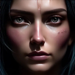 Ultra-photorealistic fantasy portrait, masterpiece, cinematic realism, 8K HDR, medium-format photography, physically based rendering, ultra-detailed skin with realistic pores, dramatic lighting, volumetric atmosphere, shallow depth of field.  Deity is Nephy, beautiful, tall 25 year old Egyptian-Turkish mixed enchantress, she has dark hazel eyes with amber highlights, with an inquisitive gaze. She has tanned almond radiant skin. She has shimmering dark blue eyeshadow and a smokey grey eyeliner. She has very long, glossy, thick, layered straight midnight black hair. She wears a black lace & satin and chiffon silk with a shimmering cobalt iridescence halter top with teardrop cutouts & microshorts. She wears ornate pale gold & dark blue sapphire cabochon jewelry; necklace with dark teal cabochon pendant, bracelets, earrings, anklets & rings. Black lace garter belt attached to thigh high sheer dark slate with a shimmering blue sparkling iridescence & pale gold lace upper border with pale gold filigree & dark sapphire cabochons.  Close-up centred portrait of a female deity laying slightly reclined on her side propped up on her elbows looking at the viewer on a large opulent ornate obsidian & gold open sarcophagus with ornately decorated silk sheets & puffy quilt in a dark chamber with sandstone rendered walls & polished white marble floors in a dimly candle lit Egyptian temple. the sheets are ivory with white floral embroidery, the thick quilt is a rich cream color with fine gold swirling filigree, numerous large white silk ribbons with ivory satin laurel leaf embroidery draped randomly on the sarcophagus. the scene though quite dark is illuminated by warm diffused amber candle light.