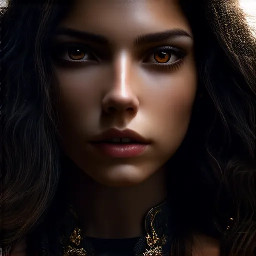 Ultra-photorealistic fantasy portrait, masterpiece, cinematic realism, 8K HDR, medium-format photography, physically based rendering, ultra-detailed skin with realistic pores, dramatic lighting, volumetric atmosphere, shallow depth of field.  Deity is Nephy, beautiful, tall 25 year old Egyptian-Turkish mixed enchantress, she has dark hazel eyes with amber highlights, with an inquisitive gaze. She has tanned almond radiant skin. She has shimmering dark blue eyeshadow and a smokey grey eyeliner. She has very long, glossy, thick, layered straight midnight black hair. She wears a black lace & satin and chiffon silk with a shimmering cobalt iridescence halter top with teardrop cutouts & microshorts. She wears ornate pale gold & dark blue sapphire cabochon jewelry; necklace with dark teal cabochon pendant, bracelets, earrings, anklets & rings. Black lace garter belt attached to thigh high sheer dark slate with a shimmering blue sparkling iridescence & pale gold lace upper border with pale gold filigree & dark sapphire cabochons.  Close-up centred portrait of a female deity laying slightly reclined on her side propped up on her elbows looking at the viewer on a large opulent ornate obsidian & gold open sarcophagus with ornately decorated silk sheets & puffy quilt in a dark chamber with sandstone rendered walls & polished white marble floors in a dimly candle lit Egyptian temple. the sheets are ivory with white floral embroidery, the thick quilt is a rich cream color with fine gold swirling filigree, numerous large white silk ribbons with ivory satin laurel leaf embroidery draped randomly on the sarcophagus. the scene though quite dark is illuminated by warm diffused amber candle light.