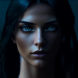 Ultra-photorealistic fantasy portrait, masterpiece, cinematic realism, 8K HDR, medium-format photography, physically based rendering, ultra-detailed skin with realistic pores, dramatic lighting, volumetric atmosphere, shallow depth of field.  Deity is Nephy, beautiful, tall 25 year old Egyptian-Turkish mixed enchantress, she has dark hazel eyes with amber highlights, with an inquisitive gaze. She has tanned almond radiant skin. She has shimmering dark blue eyeshadow and a smokey grey eyeliner. She has very long, glossy, thick, layered straight midnight black hair. She wears a black lace & satin and chiffon silk with a shimmering cobalt iridescence halter top with teardrop cutouts & microshorts. She wears ornate pale gold & dark blue sapphire cabochon jewelry; necklace with dark teal cabochon pendant, bracelets, earrings, anklets & rings. Black lace garter belt attached to thigh high sheer dark slate with a shimmering blue sparkling iridescence & pale gold lace upper border with pale gold filigree & dark sapphire cabochons.  Close-up centred portrait of a female deity laying slightly reclined on her side propped up on her elbows looking at the viewer on a large opulent ornate obsidian & gold open sarcophagus with ornately decorated silk sheets & puffy quilt in a dark chamber with sandstone rendered walls & polished white marble floors in a dimly candle lit Egyptian temple. the sheets are ivory with white floral embroidery, the thick quilt is a rich cream color with fine gold swirling filigree, numerous large white silk ribbons with ivory satin laurel leaf embroidery draped randomly on the sarcophagus. the scene though quite dark is illuminated by warm diffused amber candle light.